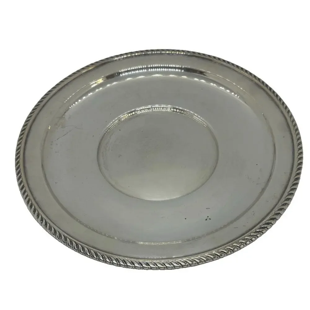 Mid 20th Century 9.5” Round Silver-Plated Serving Tray Platter Rope-Style Border